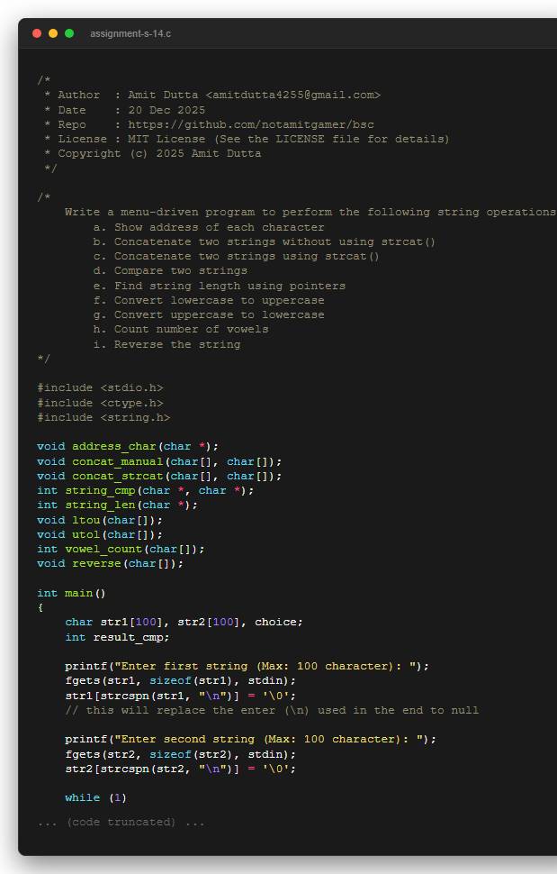 Write a menu-driven program to perform the following string operations: a. Show address of each character b. Concatenate two strings without using strcat() c. Concatenate two strings using strcat() d. Compare two strings e. Find string length using pointers f. Convert lowercase to uppercase g. Convert uppercase to lowercase h. Count number of vowels i. Reverse the string